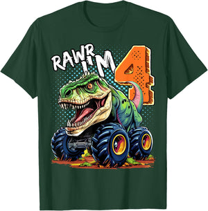 Monster Truck Dinosaur T-Rex 4th Birthday Boy 4 Year Old T-Shirt - T-Shirt | Forest