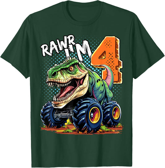 Monster Truck Dinosaur T-Rex 4th Birthday Boy 4 Year Old T-Shirt - T-Shirt | Forest