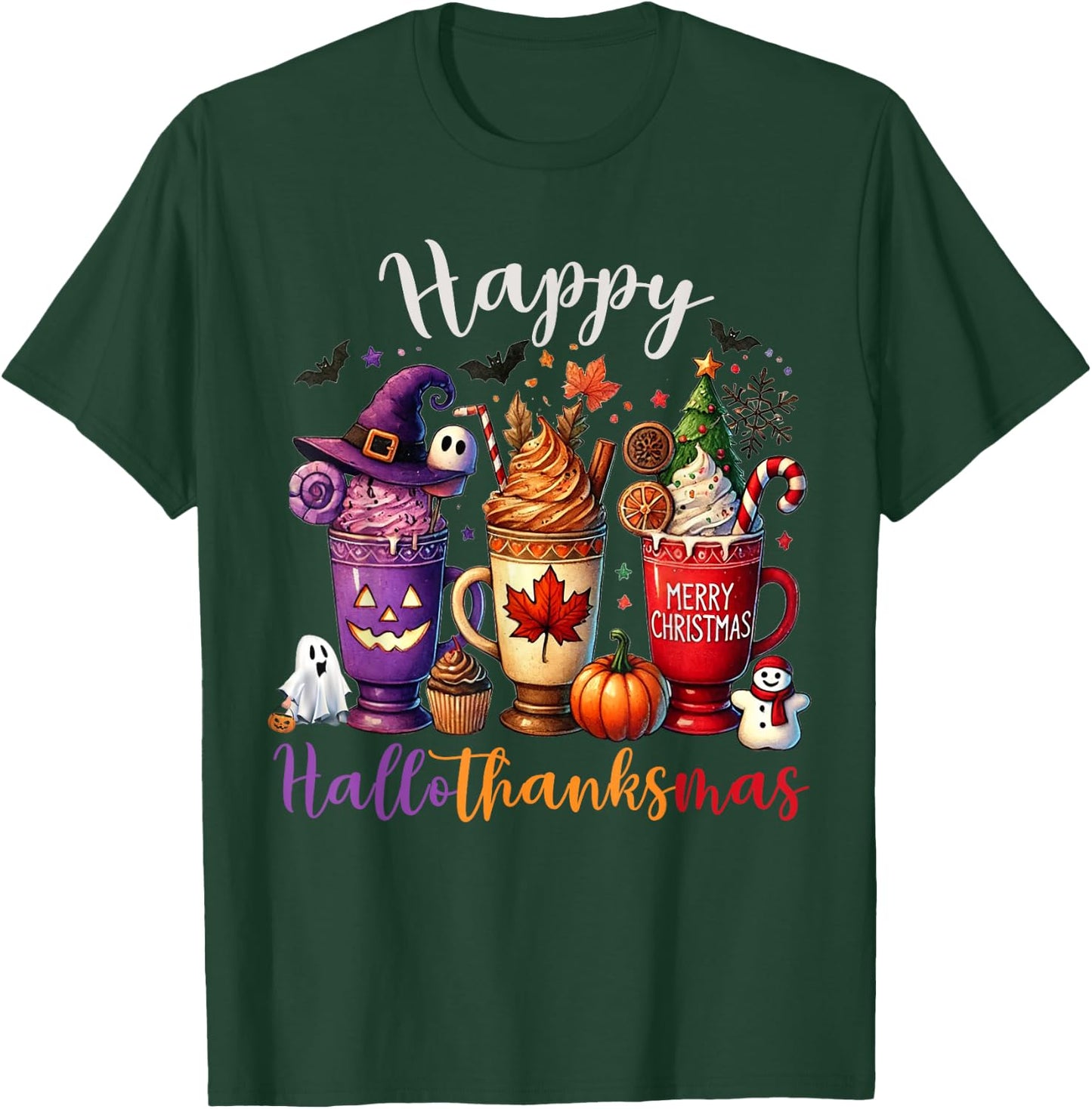 Happy Hallothanksmas Coffee Lover Halloween Merry Christmas T-Shirt - T-Shirt | Forest