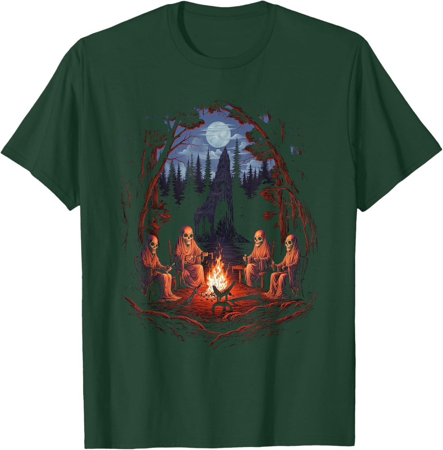 Vintage Ghost and Skeleton by Fire Camping Gothic Halloween T-Shirt - T-Shirt | Forest