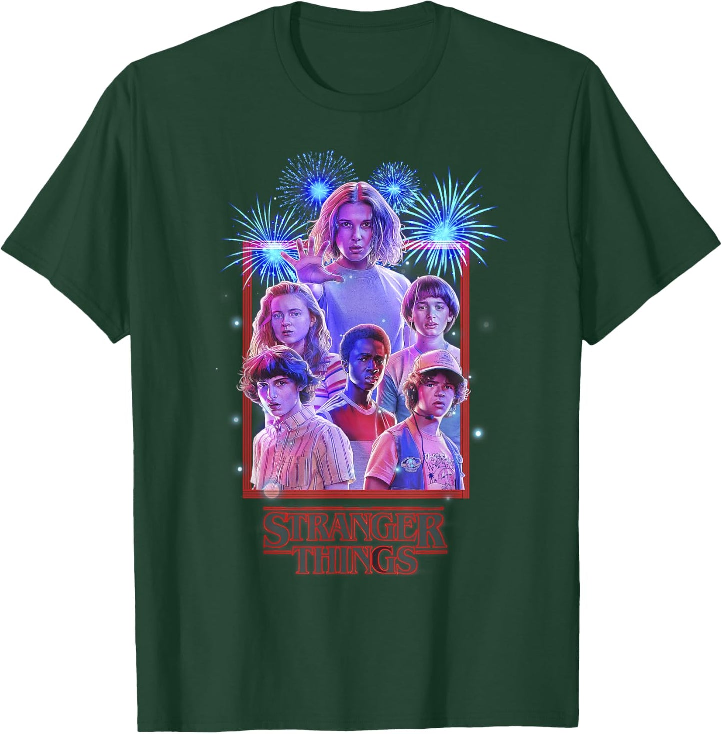 Netflix Stranger Things Group Shot Fireworks Poster T-Shirt - T-Shirt | Forest