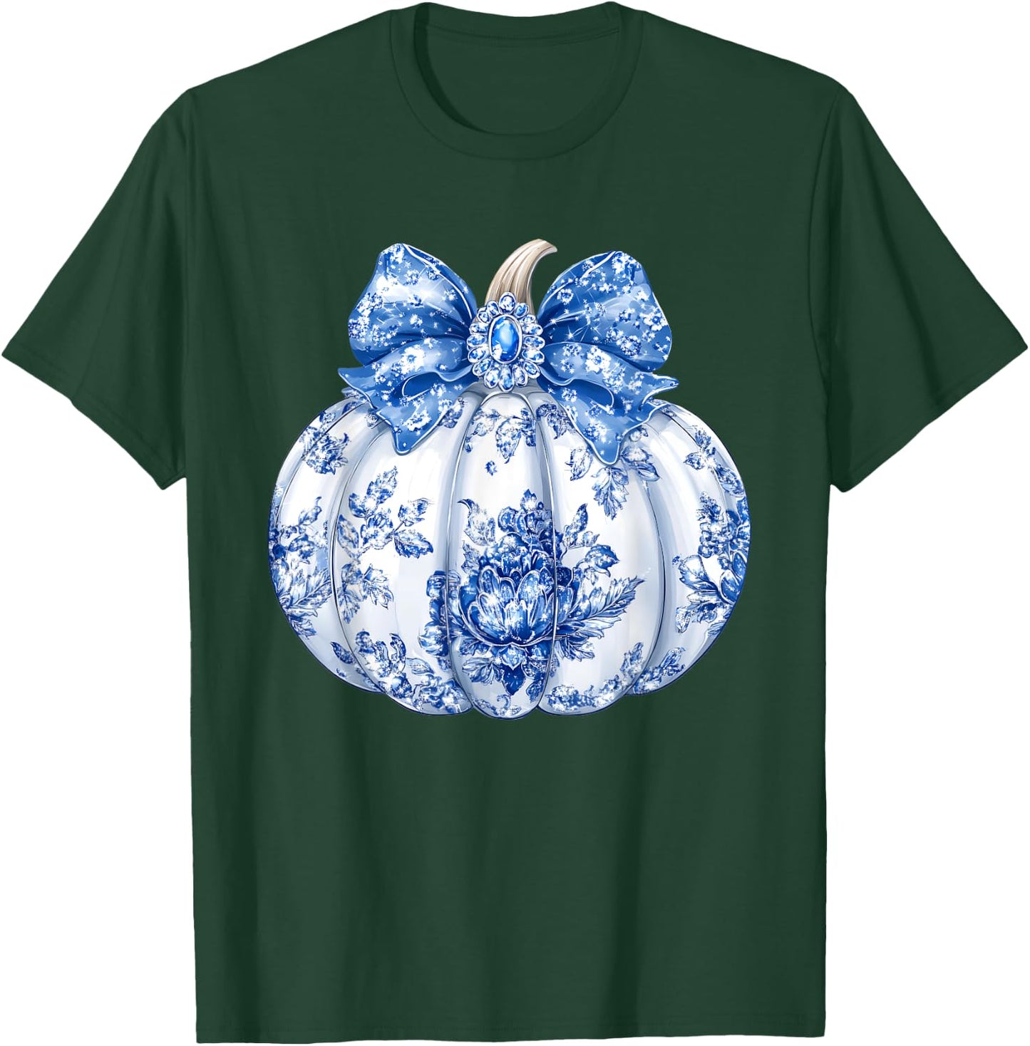 Fall Coquette Chinoiserie Blue Floral Pumpkin Thanksgiving T-Shirt - T-Shirt | Forest