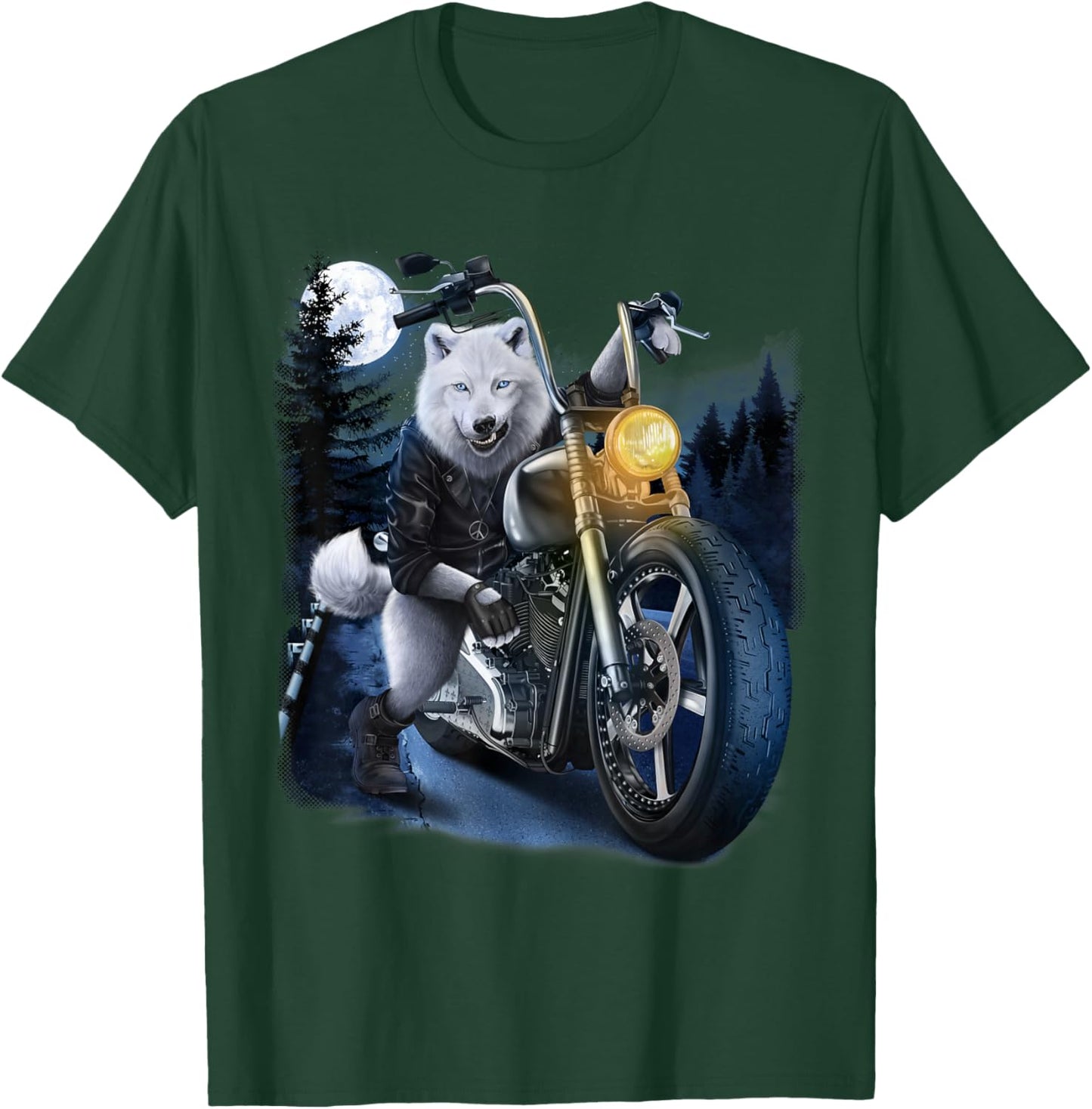 Wolf Riding Chopper Motorcycle in Full Moon T-Shirt - T-Shirt | Forest