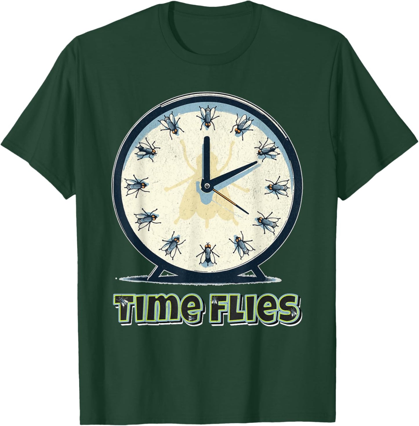 Time Flies Funny Clock Graphic Flying Bugs Pun T-Shirt - T-Shirt | Forest