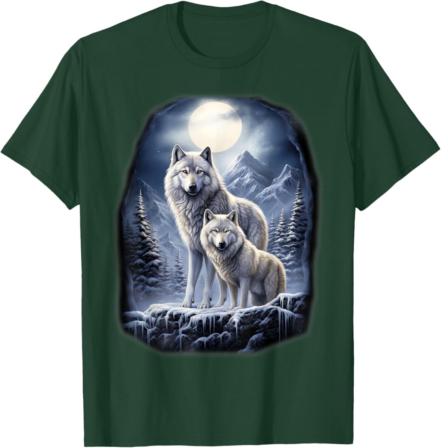 2 Wölfe auf eisigem Hügel in den Bergen vor dem Mond T-Shirt - T-Shirt | Forest