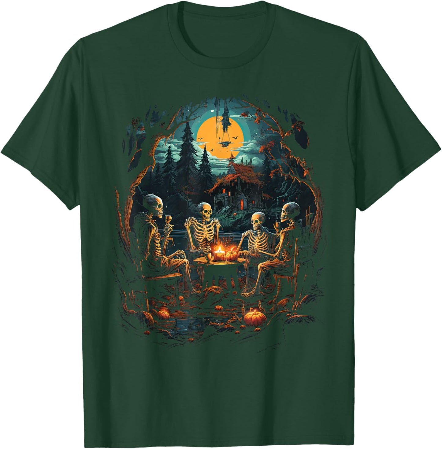 Vintage Ghost and Skeleton by Fire Camping Gothic Halloween T-Shirt - T-Shirt | Forest