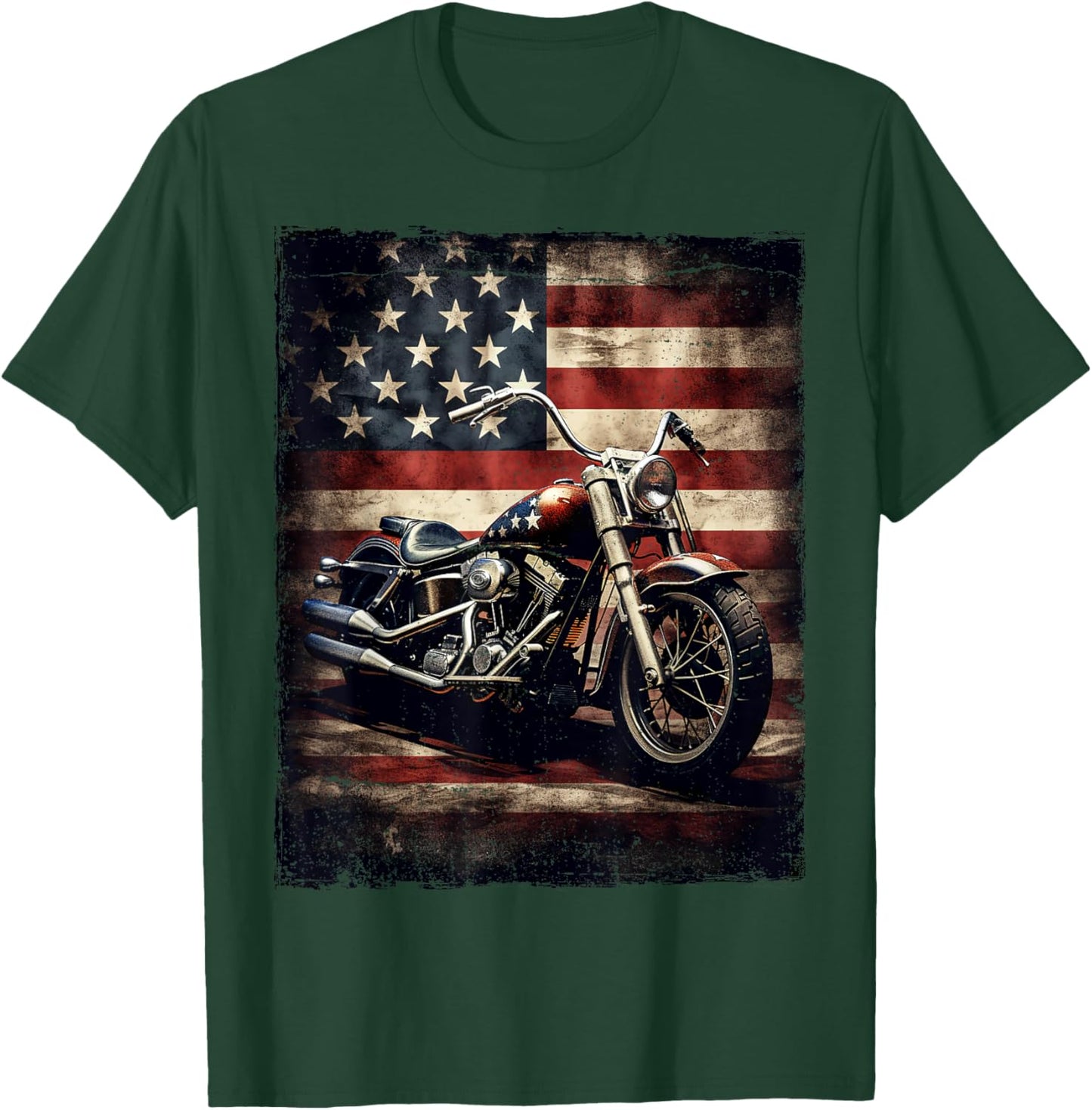Vintage Motorcycle USA Flag Retro Biker American T-Shirt - T-Shirt | Forest
