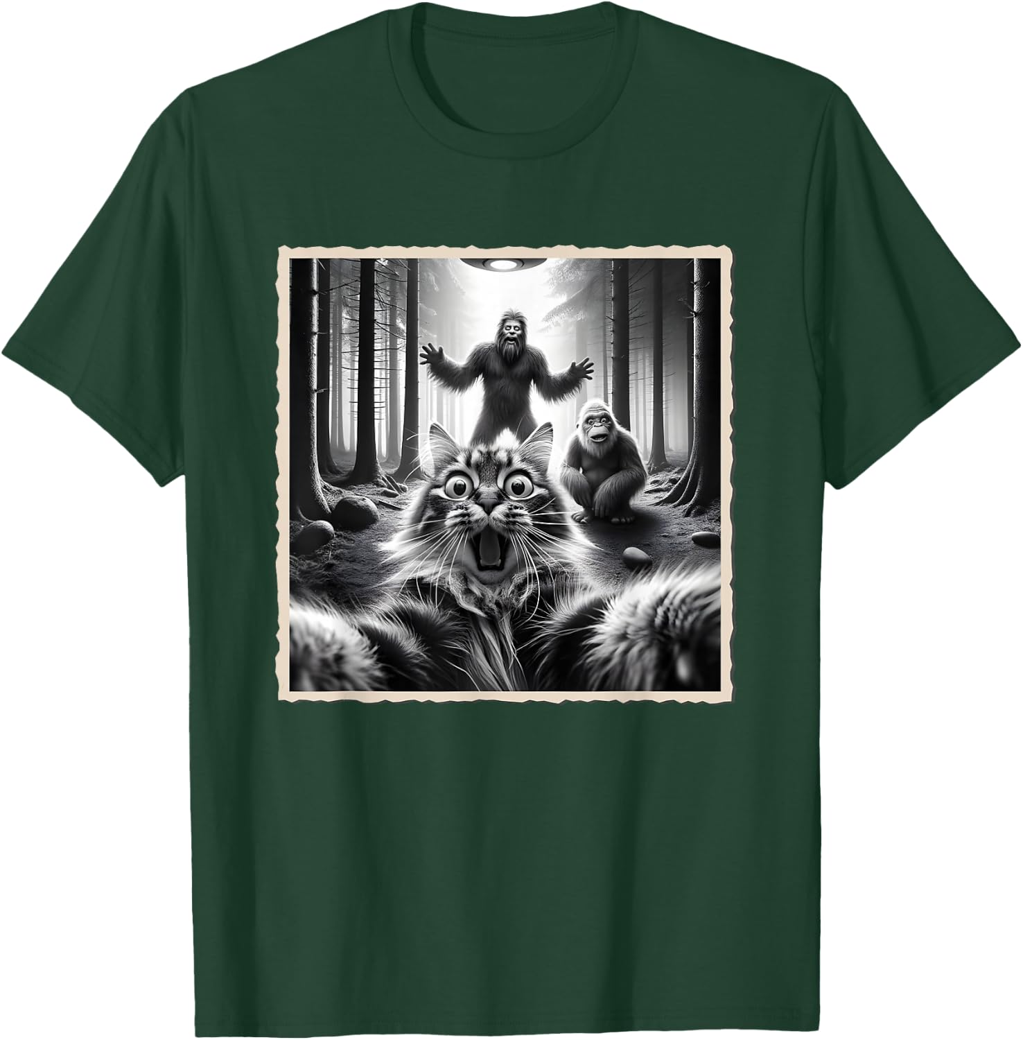 Cat Selfie With Bigfoot; Funny Sasquatch & Cat T-Shirt - T-Shirt | Forest