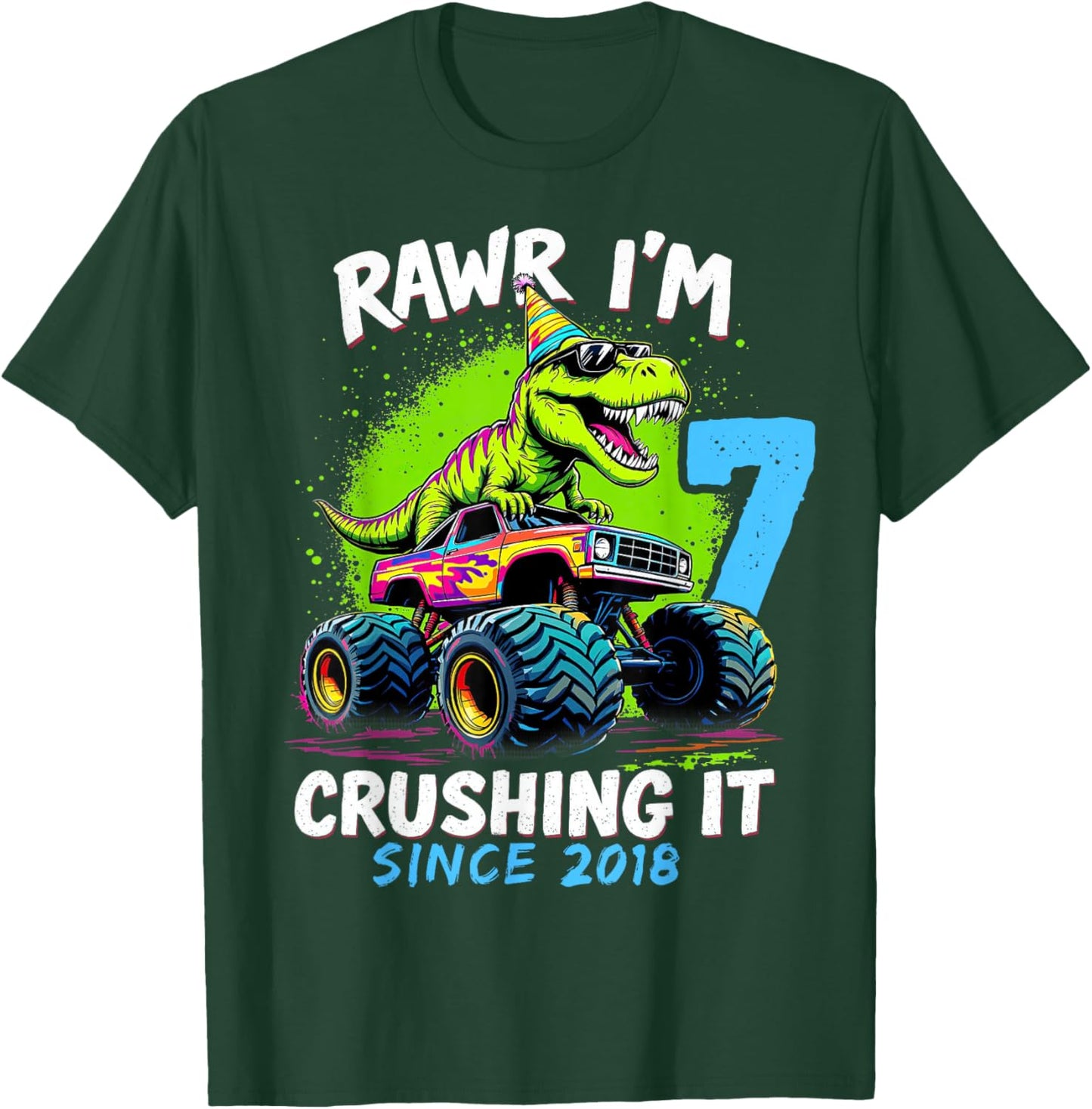 7th Birthday Monster Truck Dinosaur Party Boys Rawr I'm 7 T-Shirt - T-Shirt | Forest