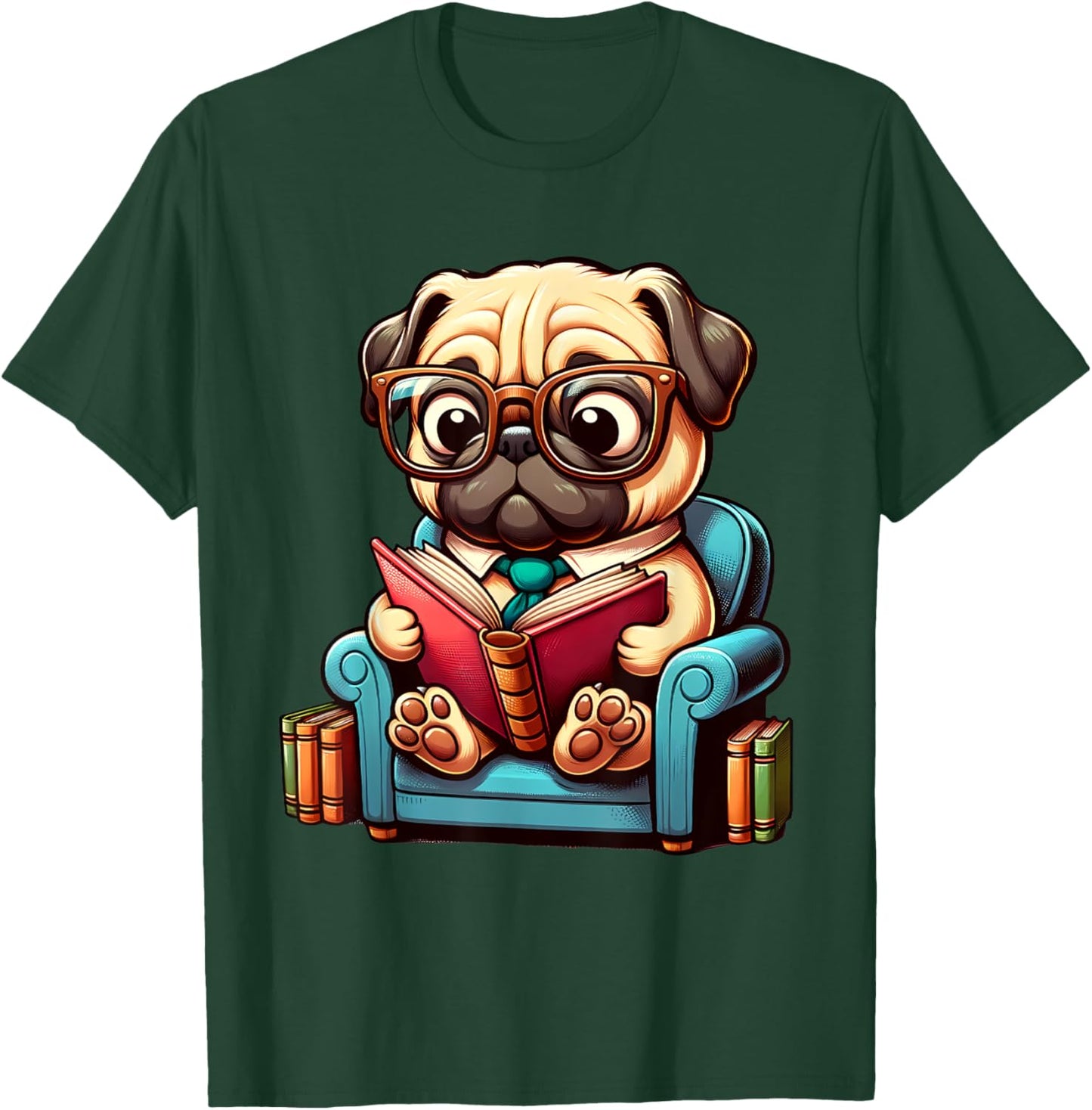 Pug Reading a Book Dog Men Women Girls Kids T-Shirt - T-Shirt | Forest