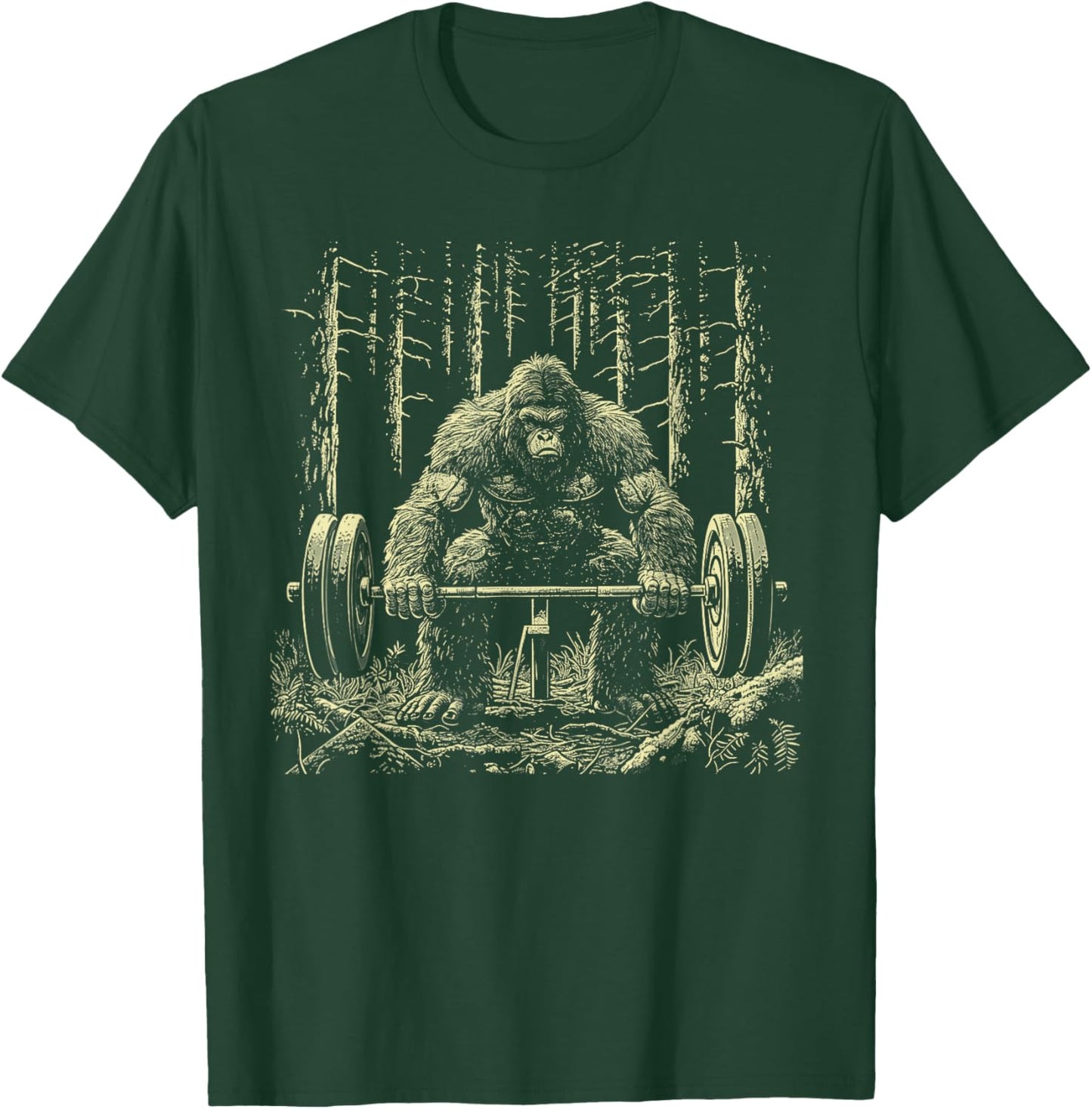 Funny Sasquatch Deadlifting Weights Gym Workout Graphic T-Shirt - T-Shirt | Forest