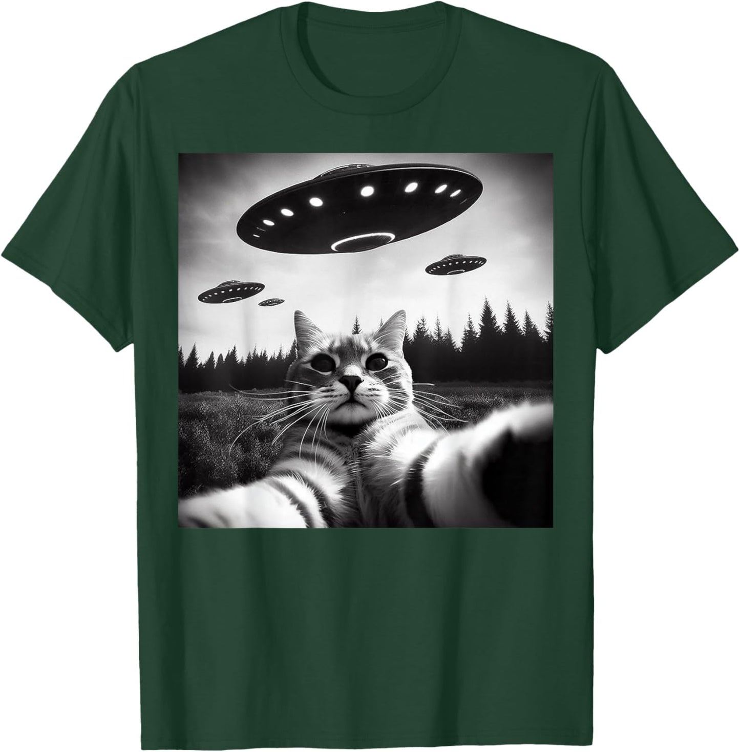 Cat Selfie With Alien UFO Funny Cat Gifts Women Kid T-Shirt - T-Shirt | Forest