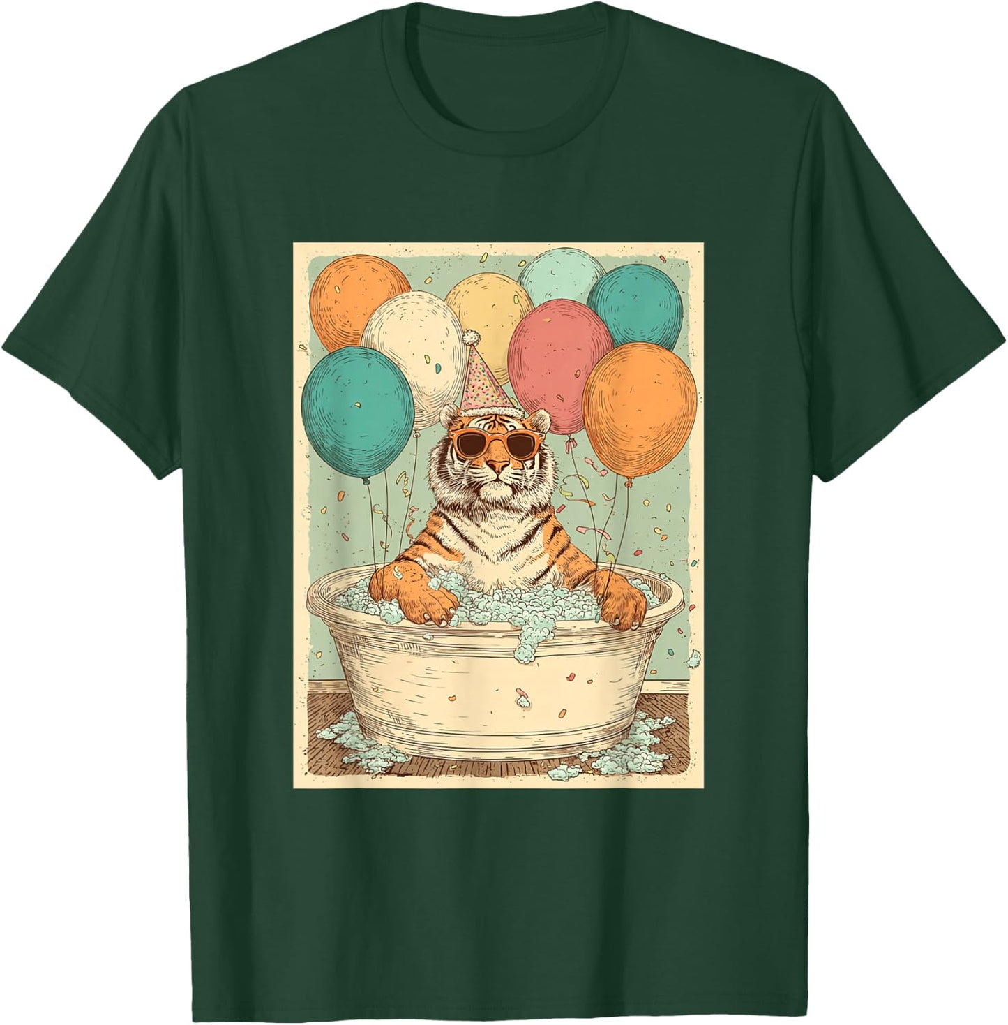 Tiger Birthday Party Balloons Bathtub Art Print T-Shirt - T-Shirt | Forest