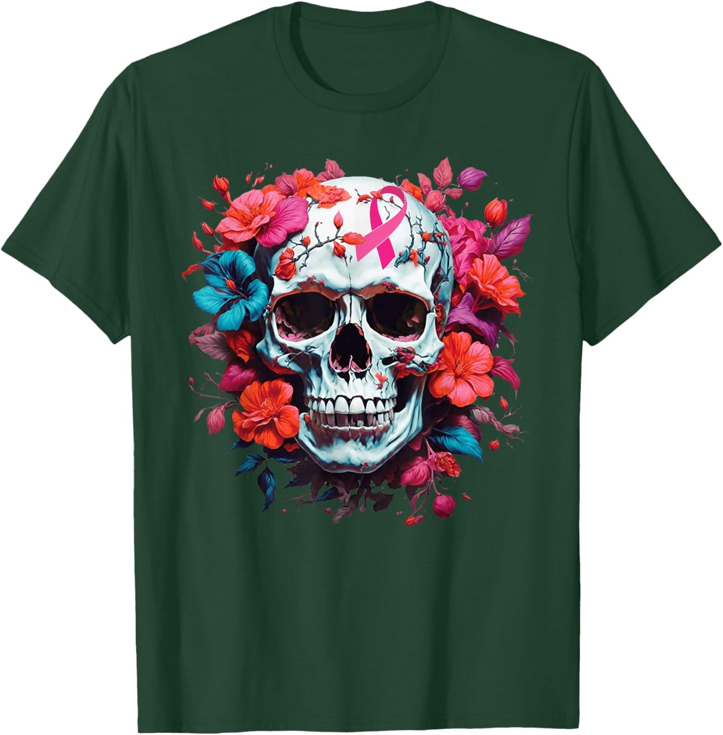 Breast Cancer Skull Shirt Sugar Skull Pink Ribbon T-Shirt - T-Shirt | Forest