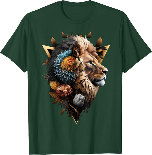 Lion Flowers Artwork Animal Print Art Lion Motif T-Shirt - T-Shirt | Forest