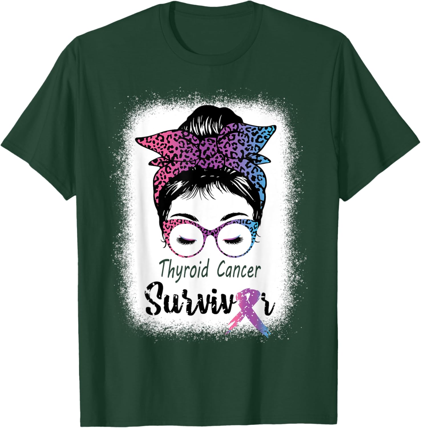 Thyroid Cancer Survivor Awareness Messy Bun Mom Teal ribbon T-Shirt - T-Shirt | Forest