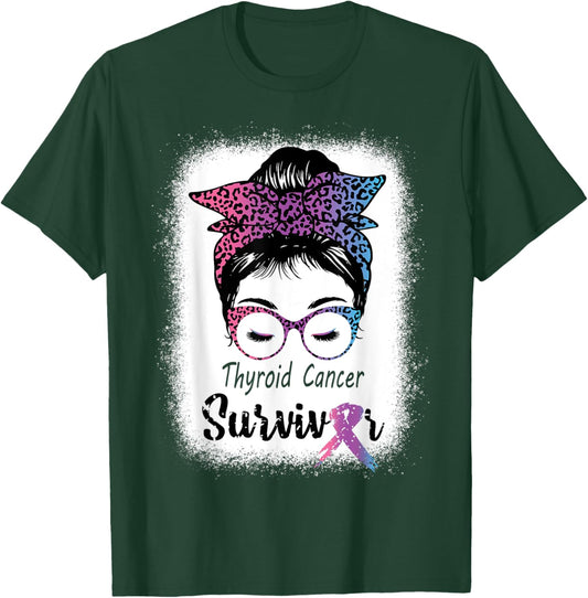 Thyroid Cancer Survivor Awareness Messy Bun Mom Teal ribbon T-Shirt - T-Shirt | Forest