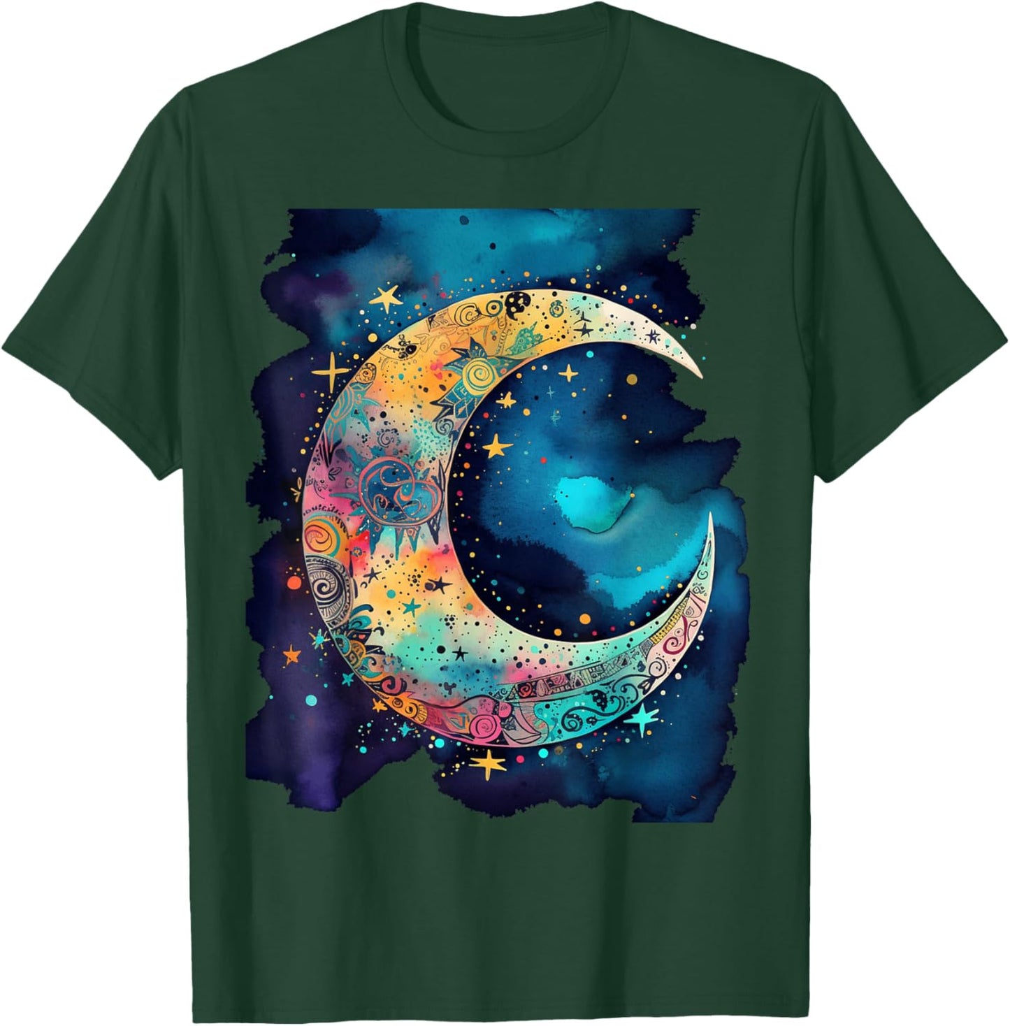 Crescent Moon with Stars abstract Bohemian Style Women Girls T-Shirt - T-Shirt | Forest