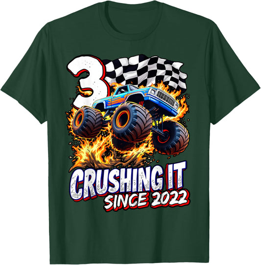 Birthday Monster Truck 3 year Old Boys 3rd Party Born 2022 T-Shirt - T-Shirt | Forest