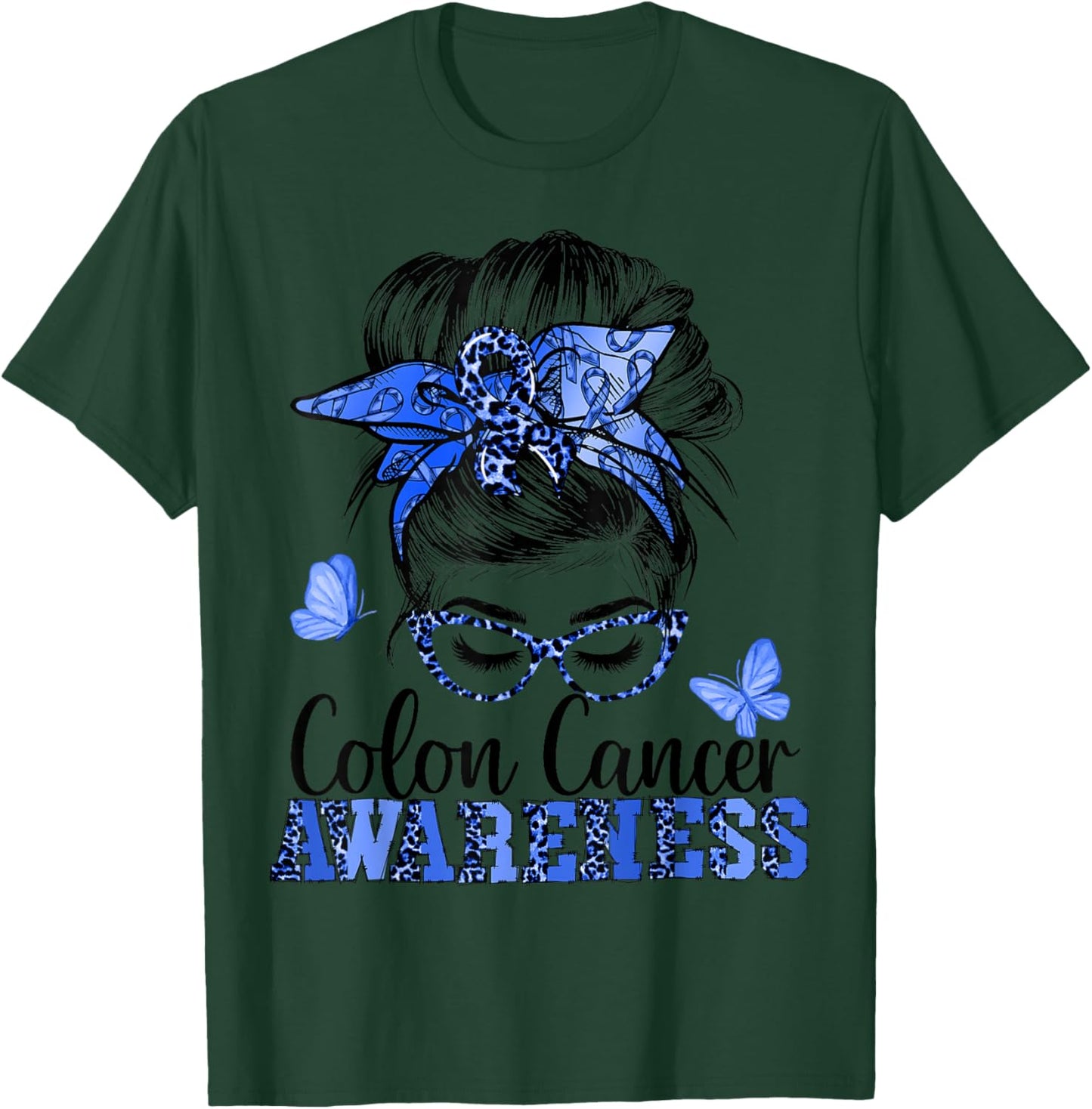Messy Bun Hair Blue Ribbon Butterfly Colon Cancer Awareness T-Shirt - T-Shirt | Forest