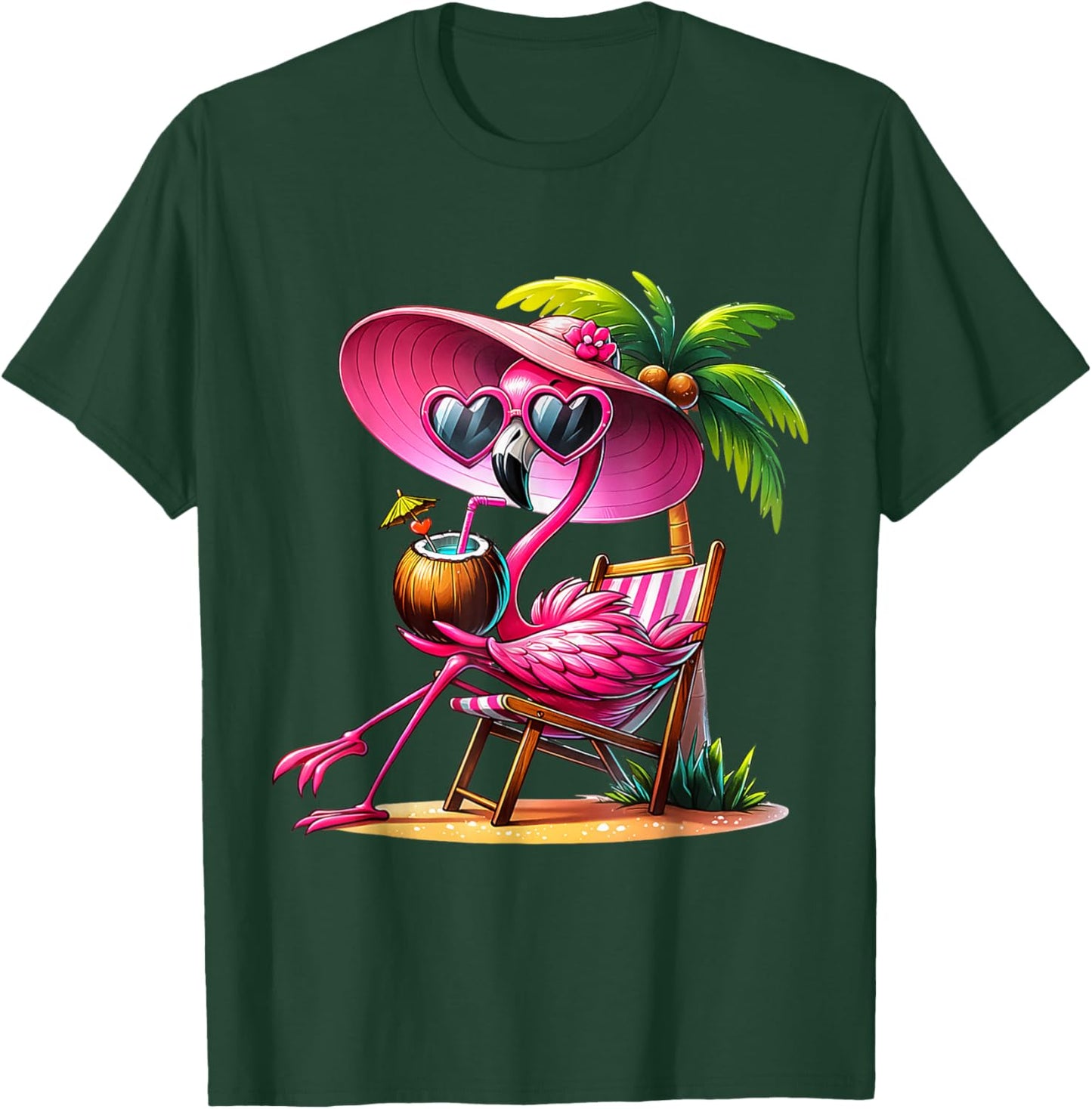 Pink Flamingo Summer Vibes Beach Palm Tree Summer Vacation T-Shirt - T-Shirt | Forest