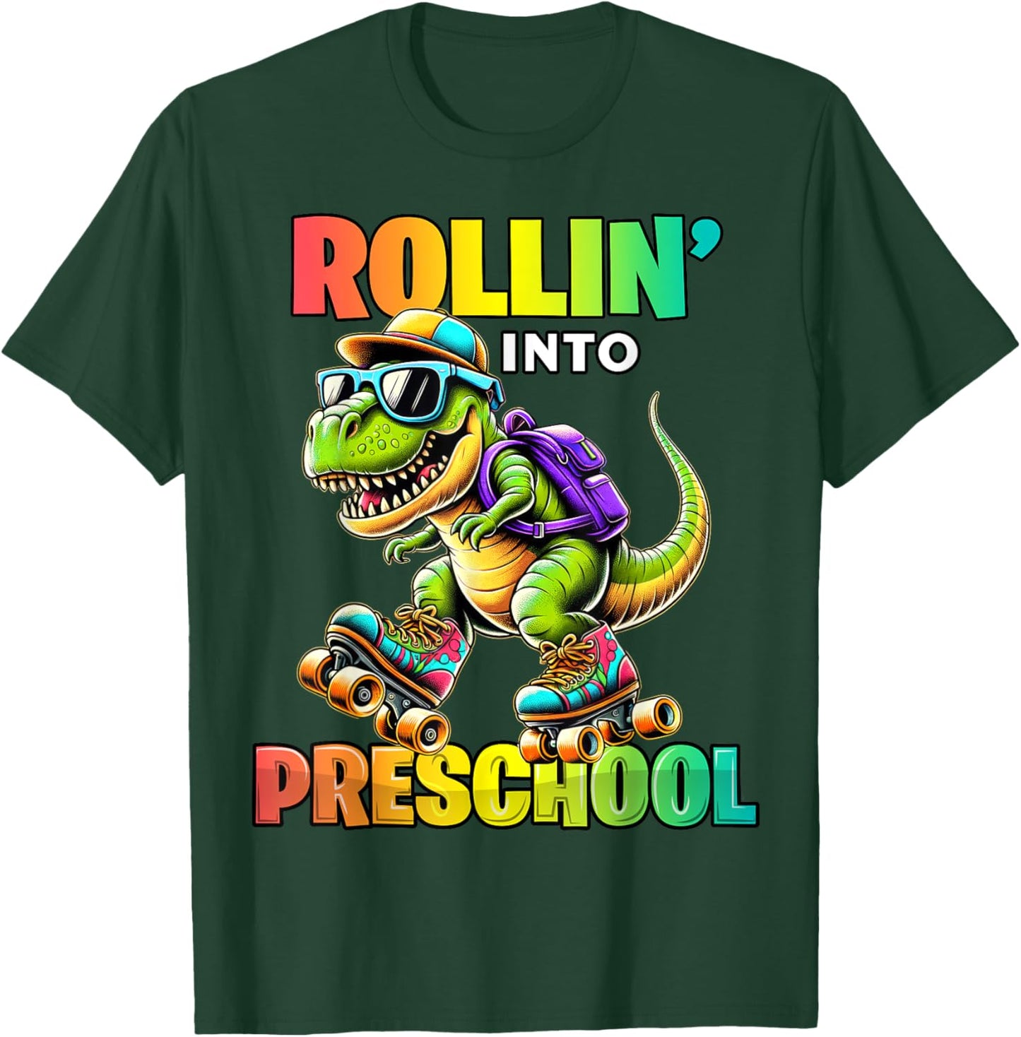 Preschool Back To School First Day Boys Rollin into T Rex T-Shirt - T-Shirt | Forest