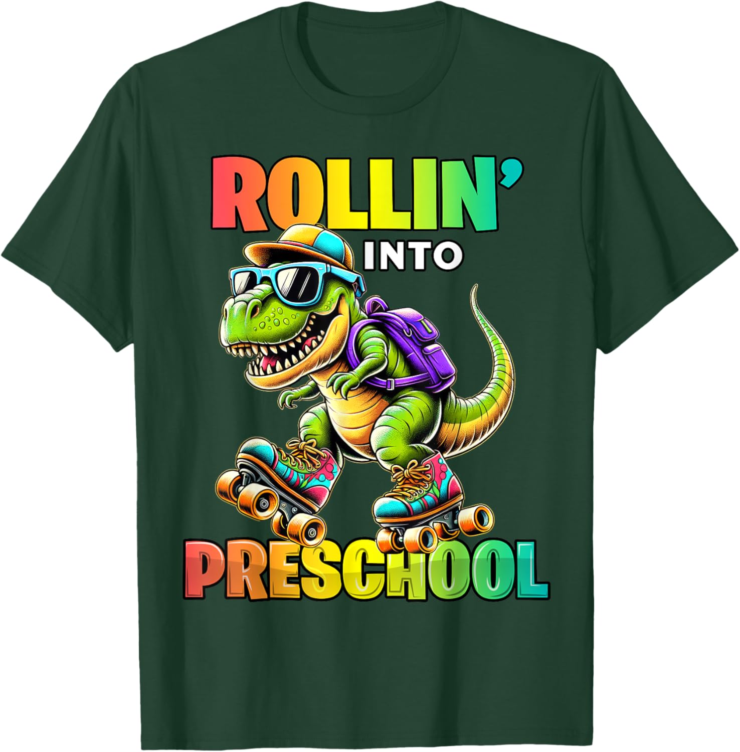 Preschool Back To School First Day Boys Rollin into T Rex T-Shirt - T-Shirt | Forest