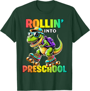 Preschool Back To School First Day Boys Rollin into T Rex T-Shirt - T-Shirt | Forest