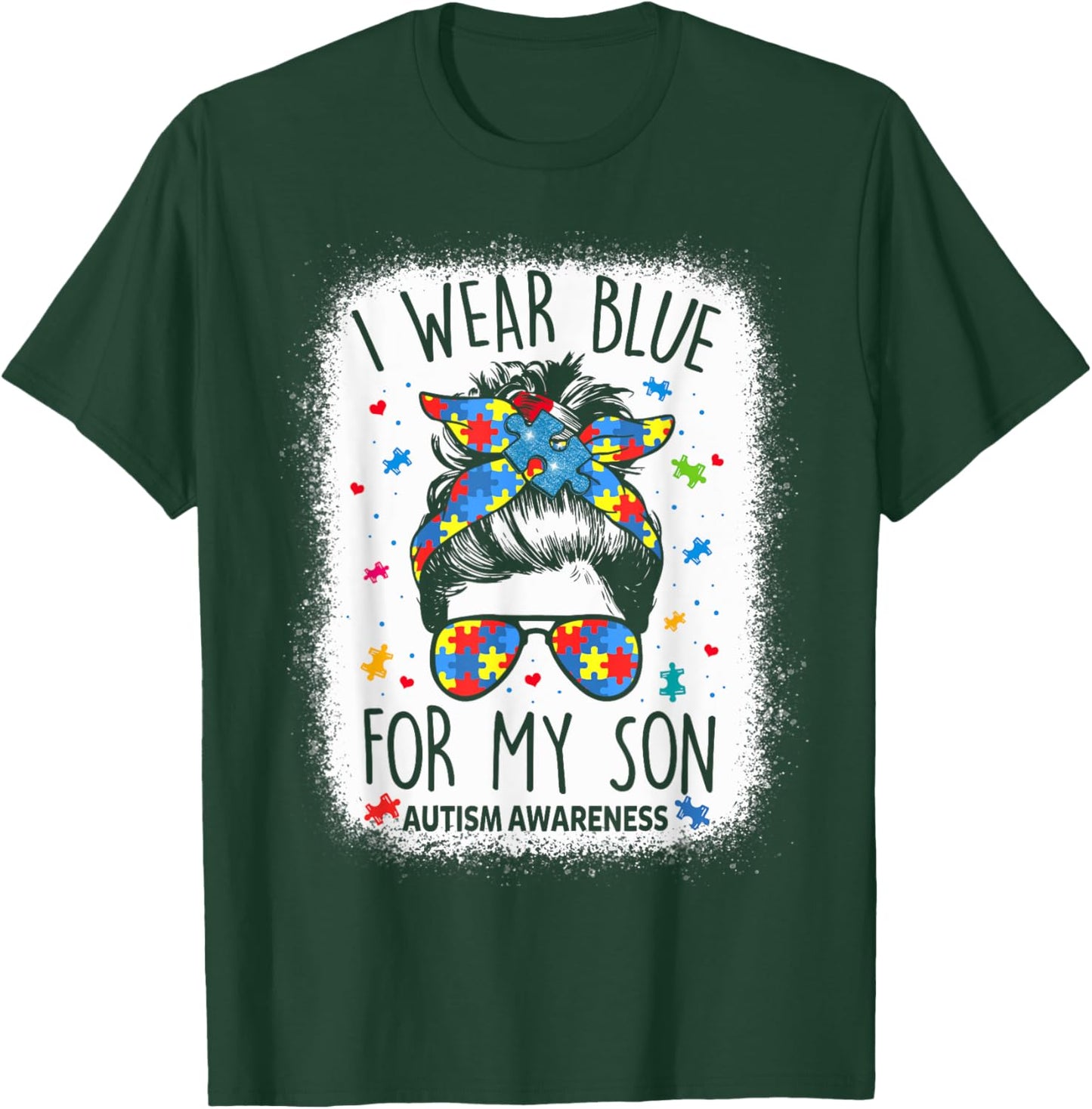 Autism Awareness shirt Mom Messy Bun I Wear Blue For My Son T-Shirt - T-Shirt | Forest