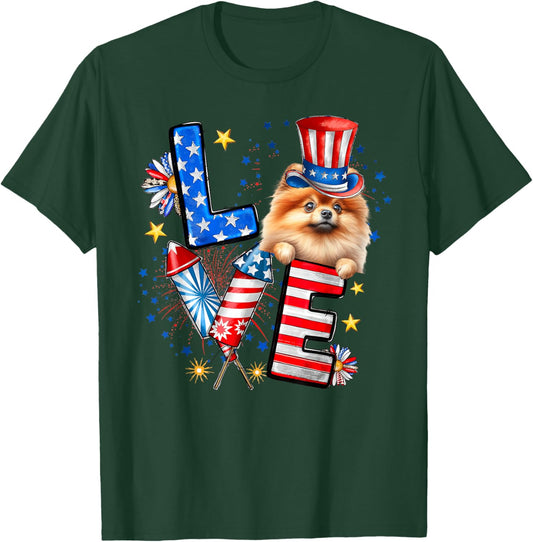 LOVE Pomeranian Dog American Flag 4th Of July T-Shirt - T-Shirt | Forest
