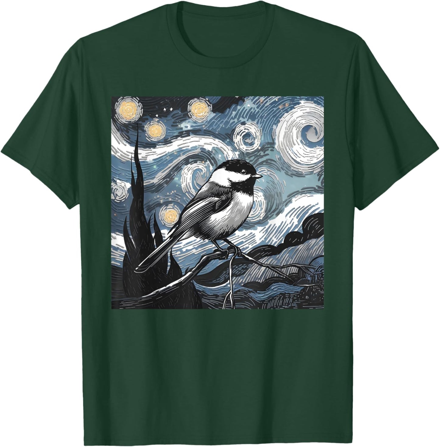 Black Capped Chickadee Bird Lover Starry Night Art Van Gogh T-Shirt - T-Shirt | Forest