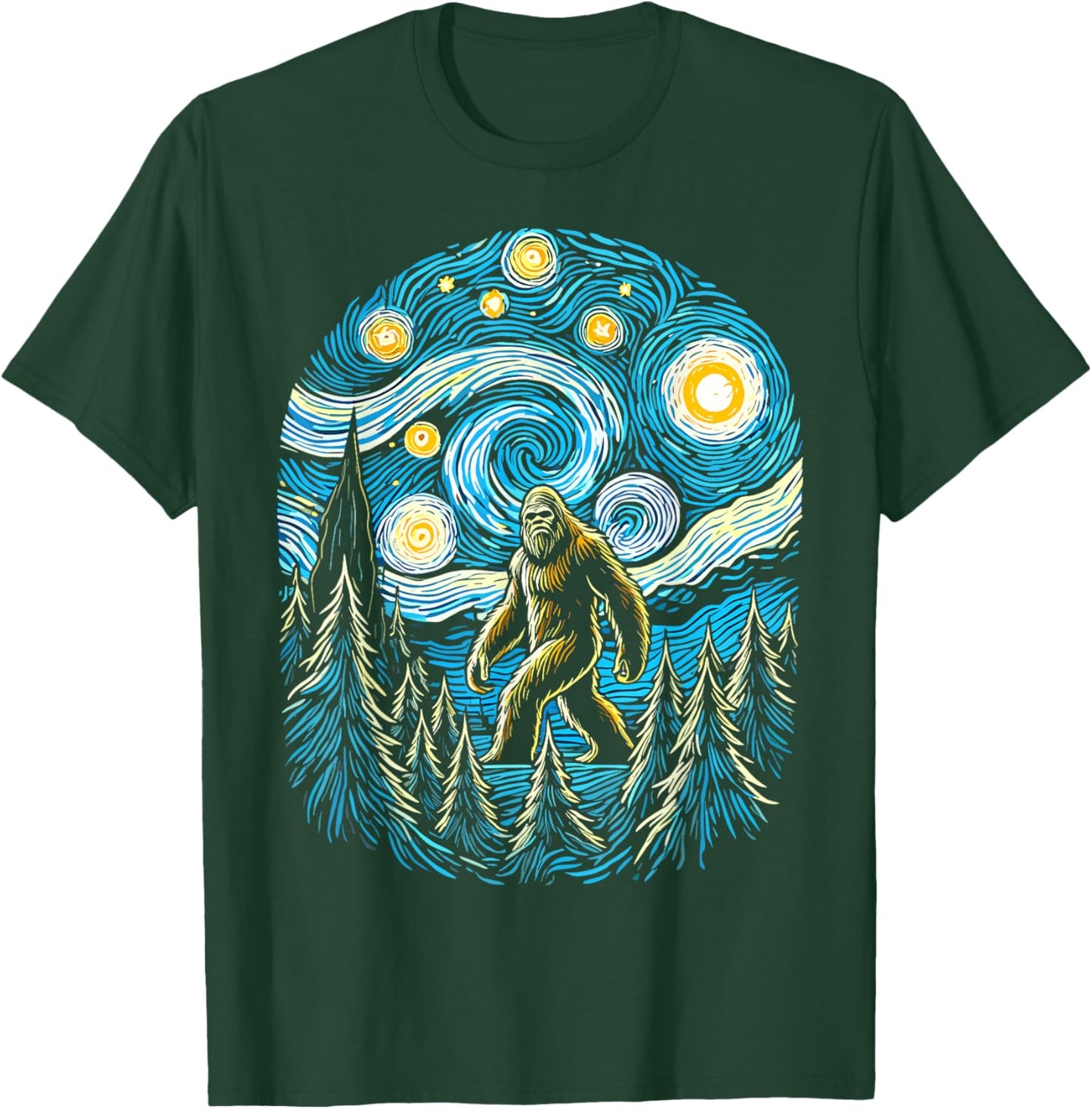 Bigfoot Starry Night Forest Van Gogh Sasquatch Painting Art T-Shirt - T-Shirt | Forest
