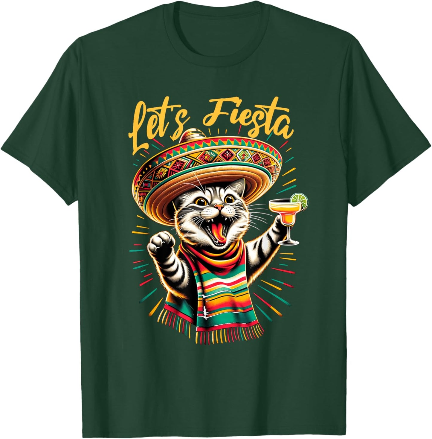 Mexican Let's Fiesta Sombrero Cat Cinco De Mayo Funny Cat Men Women T-Shirt - T-Shirt | Forest