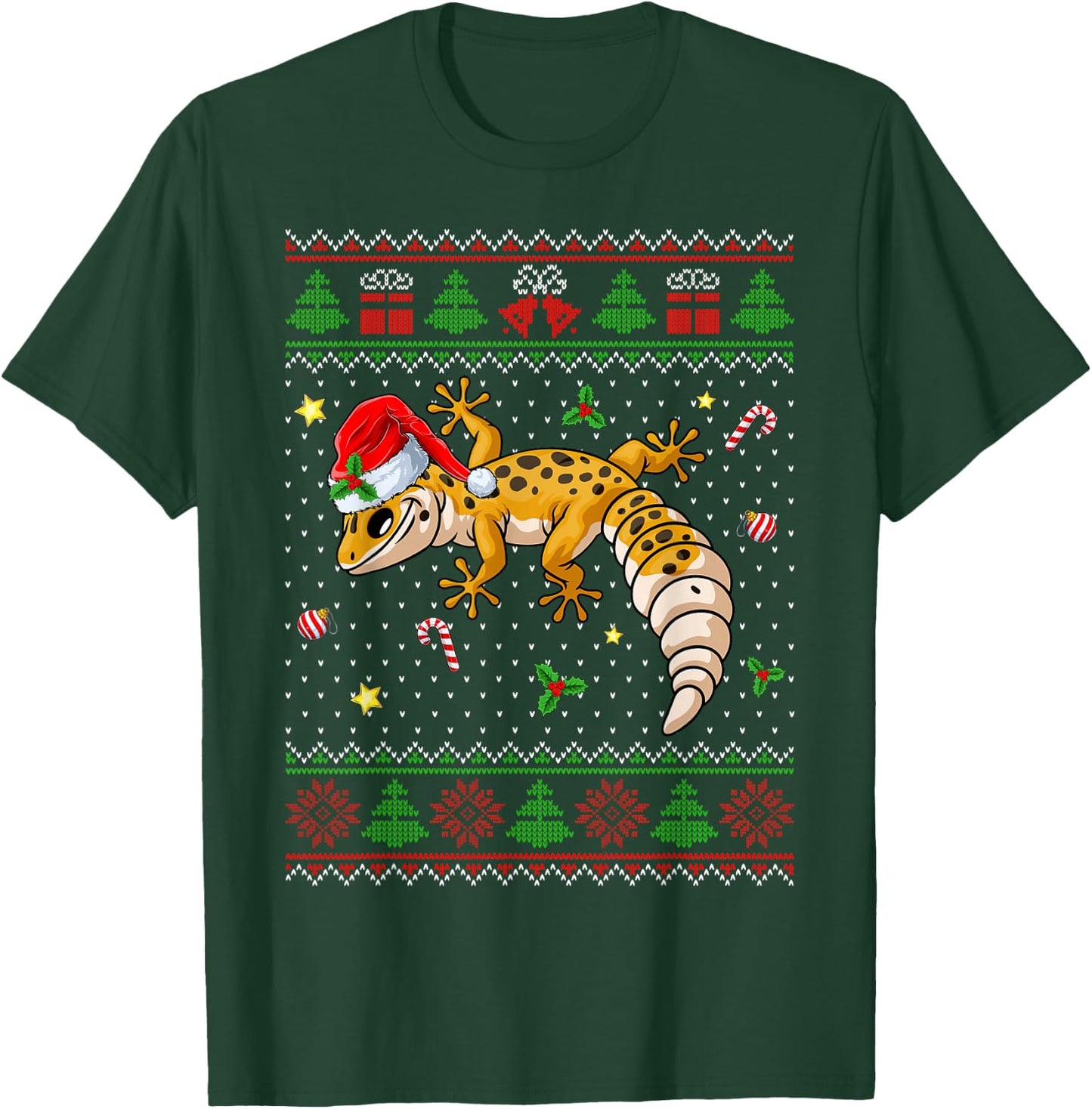 Cute Leopard Gecko Santa Hat Ugly Christmas Sweater Xmas PJS T-Shirt - T-Shirt | Forest