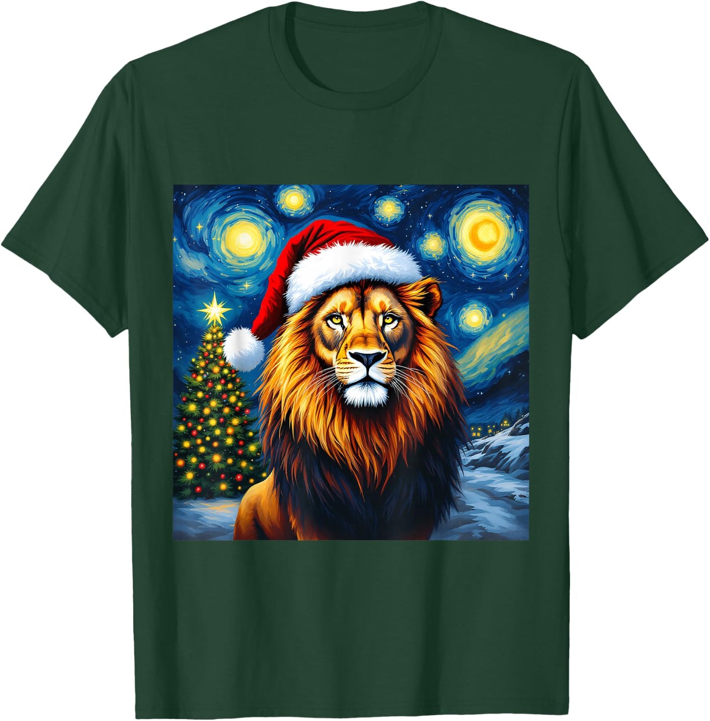 Christmas Lion Santa Hat Van Gogh Starry Night Holiday T-Shirt - T-Shirt | Forest