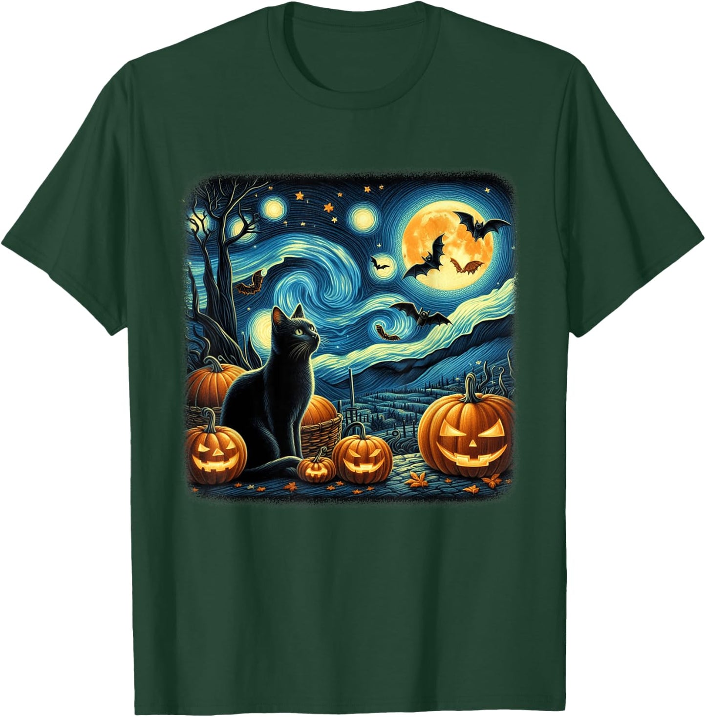 Van Gogh Cat Starry Night Black Cat Halloween Cat Lovers Men Women Kids T-Shirt - T-Shirt | Forest