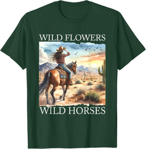 Sunset Cowgirl Riding Horse Wild Flowers - Wild Horses T-Shirt - T-Shirt | Forest