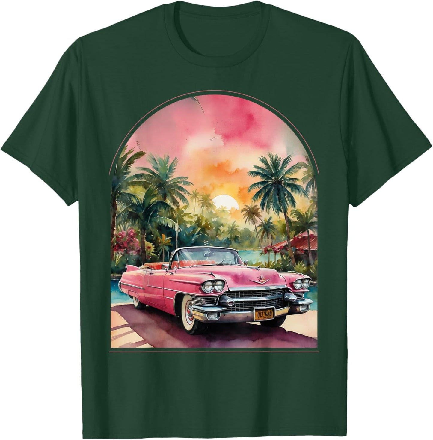 Old School Cadillac Pink | Watercolor | Palm Trees | Exotic T-Shirt - T-Shirt | Forest