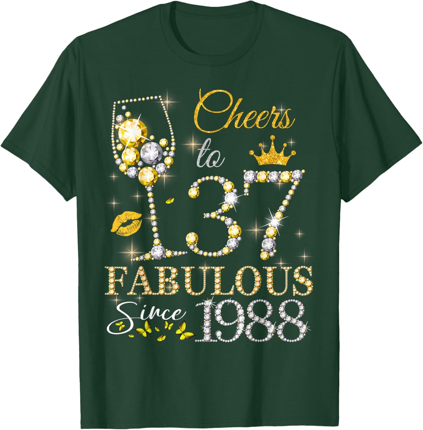 Cheers to 37 Years Old EST 1988 37th Birthday Queen T-Shirt - T-Shirt | Forest