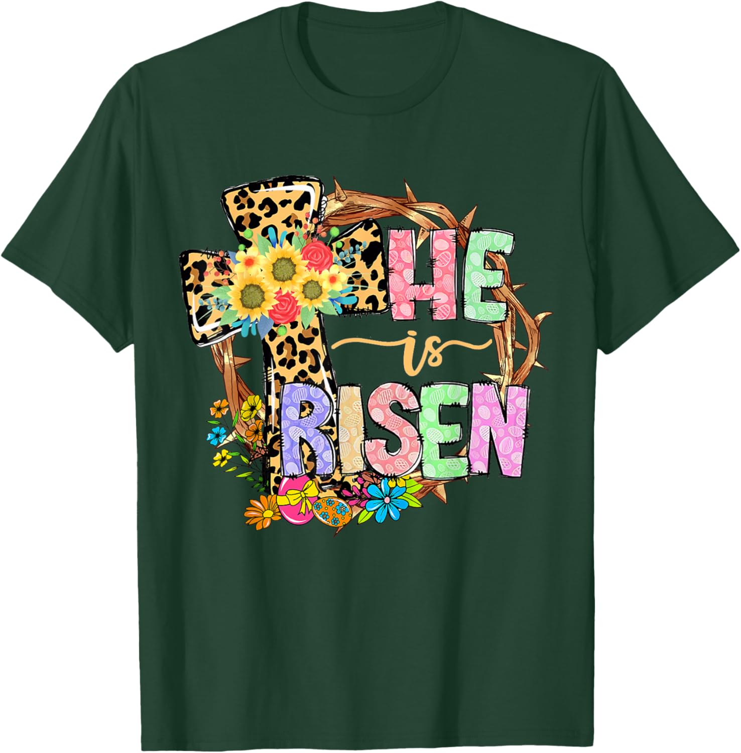 He Is Risen Floral Jesus Easter Day Christians Leopard Cross T-Shirt - T-Shirt | Forest