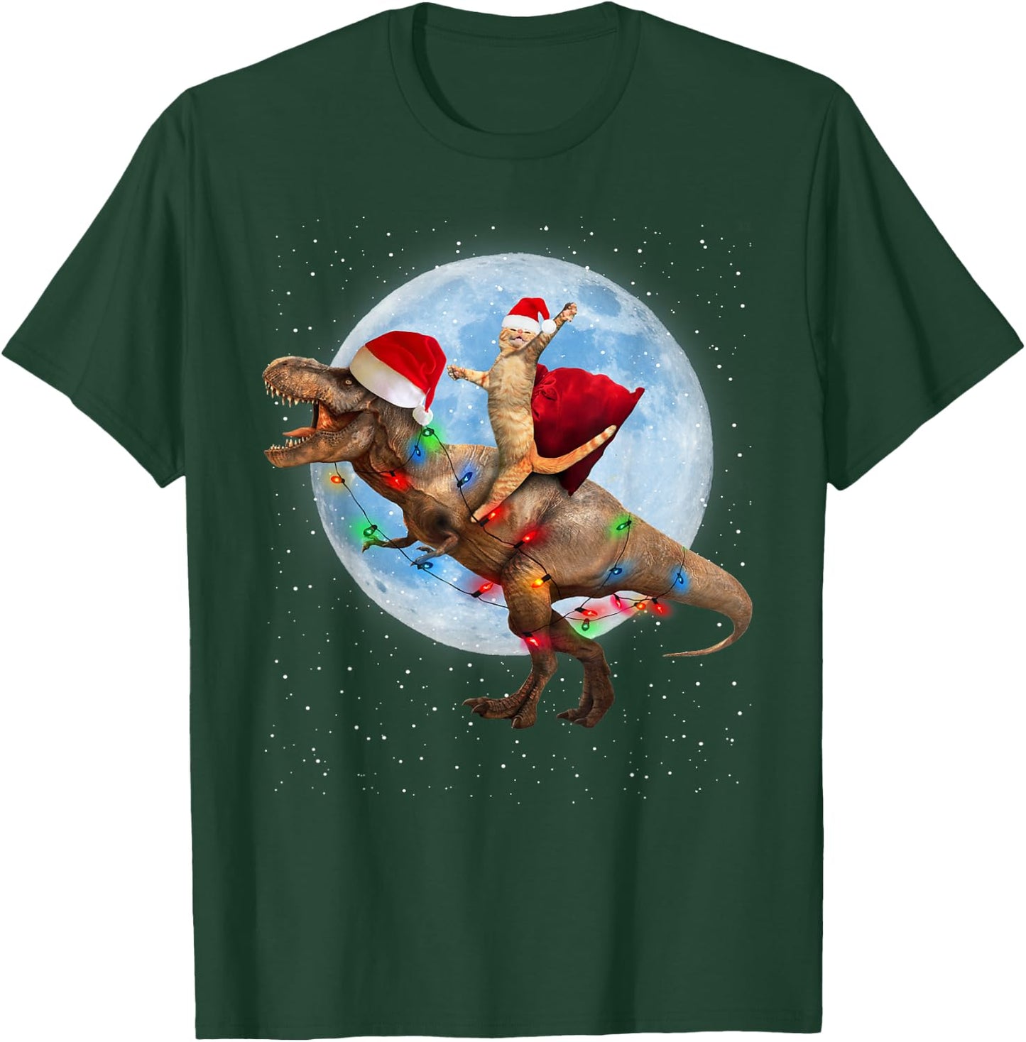 Cat Santa Hat Riding Dinosaur T rex Moon Christmas Xmas Women Kids T-Shirt - T-Shirt | Forest