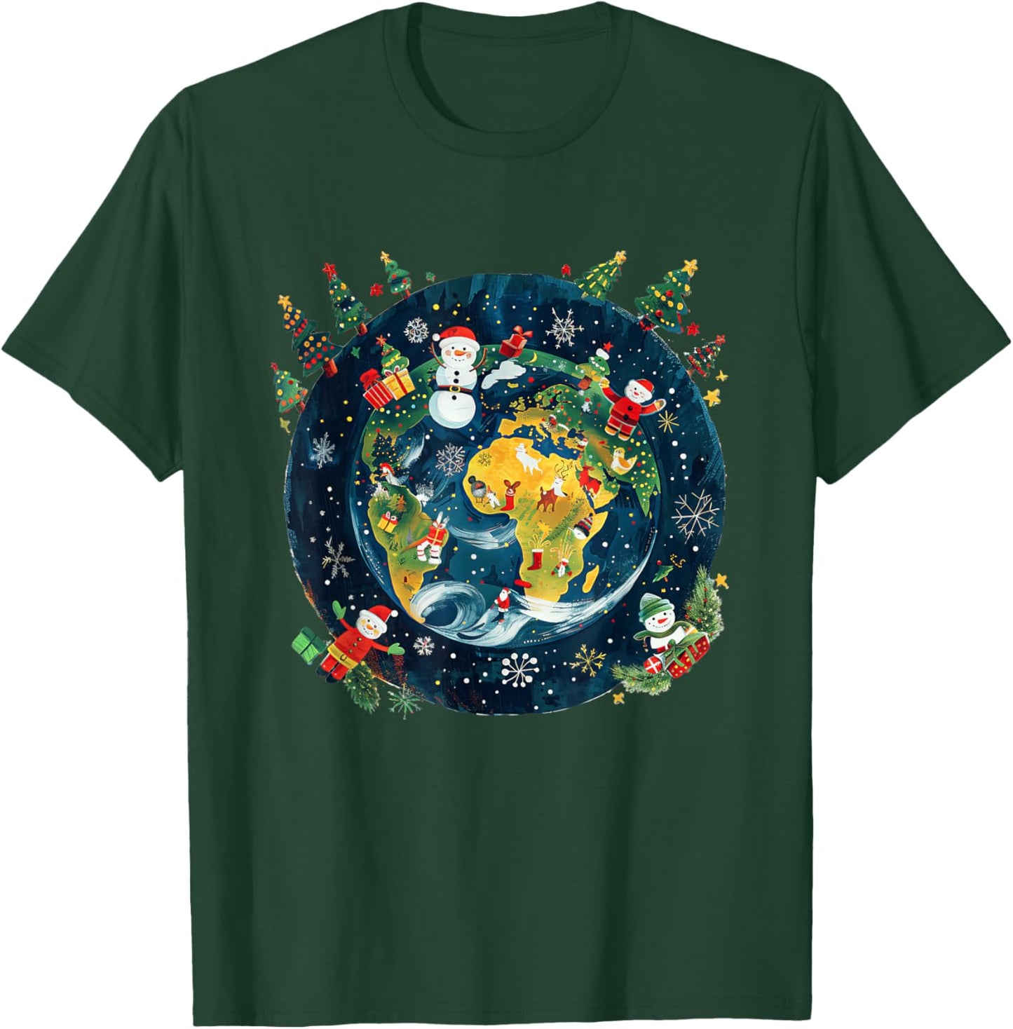 Global Xmas Celebration Apparel -Adults Christmas , Black, Small, Short Sleeve, Modern, Winter, Christmas Around the World Festive Winter Earth Design T-Shirt - T-Shirt | Forest