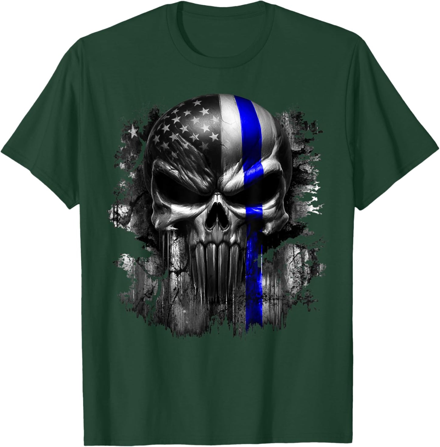 USA American Skull Patriotic Flag Blue Line Grunge Graphic Women Men T-Shirt - T-Shirt | Forest