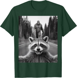 Scared Raccoon Selfie With Sasquatch Bigfoot , Funny Raccoon T-Shirt - T-Shirt | Forest