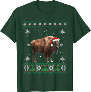 Santa Bison Ugly Sweater Animals Christmas Pajama T-Shirt - T-Shirt | Forest