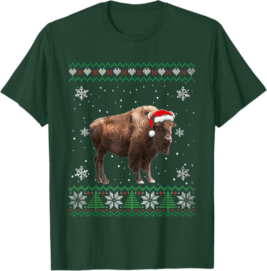 Santa Bison Ugly Sweater Animals Christmas Pajama T-Shirt - T-Shirt | Forest
