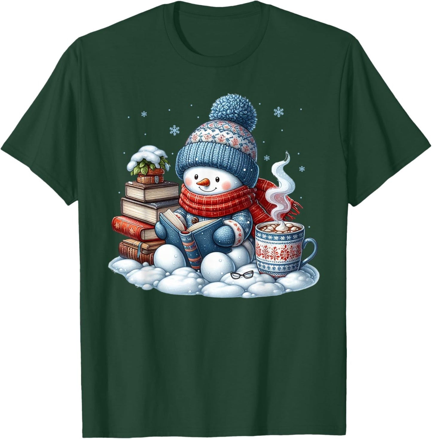 Snowman Reading Books Lovers Librarian Bookworm Christmas T-Shirt - T-Shirt | Forest