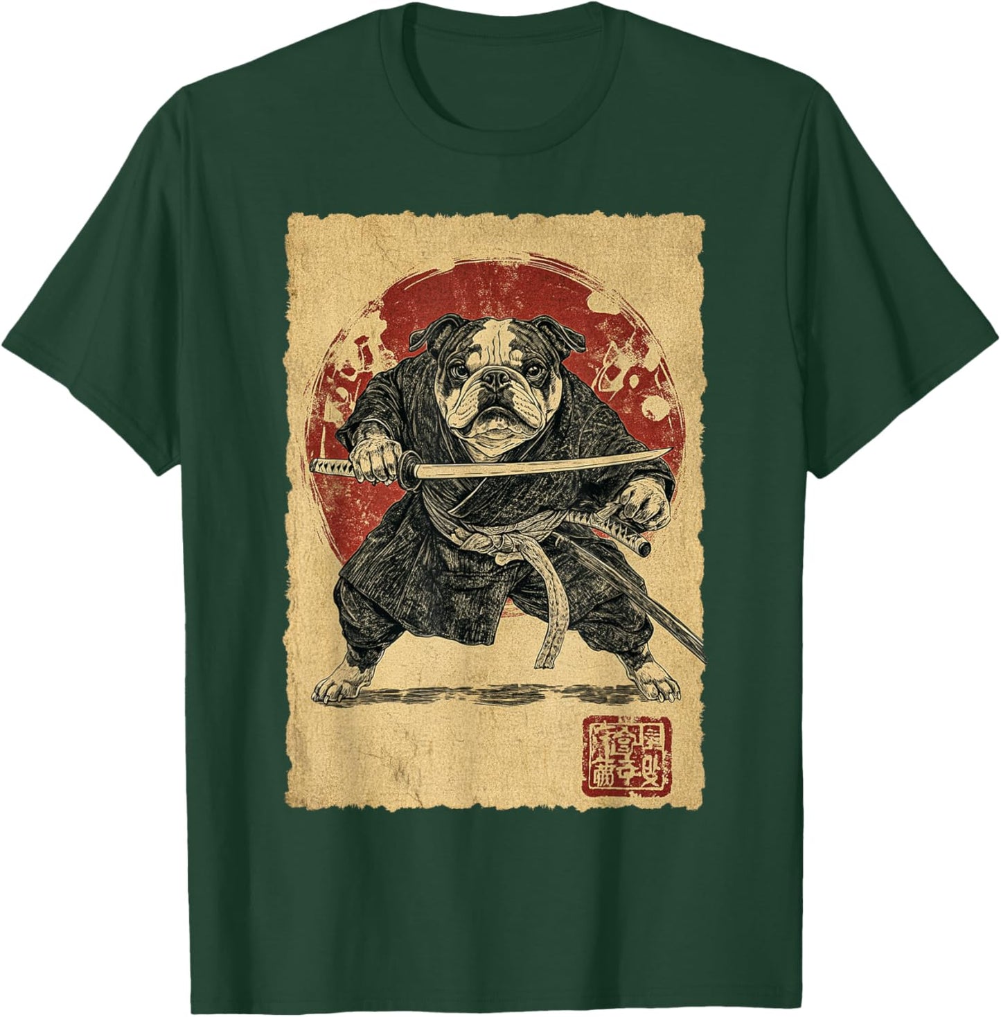 Funny Vintage Japanese Art Bulldog Ninja Samurai Warrior Men Women Girls Kids T-Shirt - T-Shirt | Forest