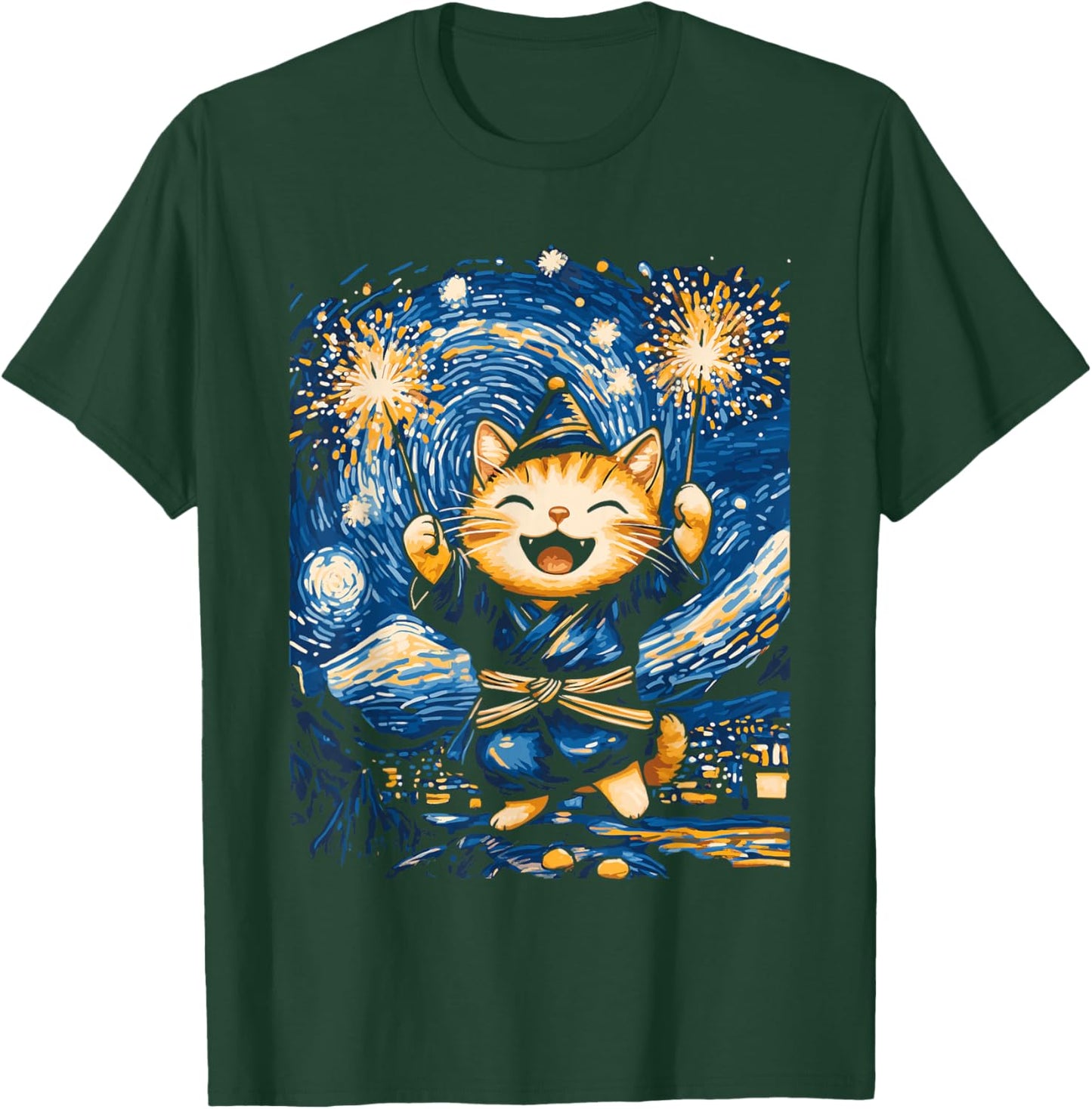 New Year Cat Starry Night Art for Cat Lovers T-Shirt - T-Shirt | Forest
