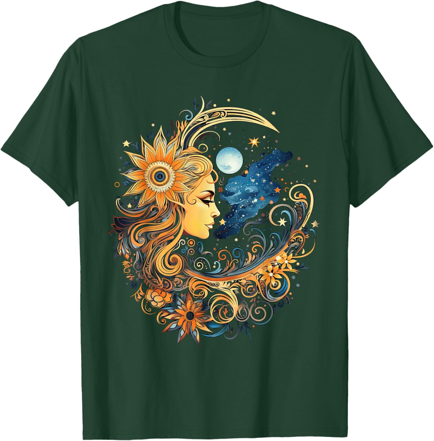Mystic Sun and Moon Woman Mystical Flowers Aesthetic T-Shirt - T-Shirt | Forest